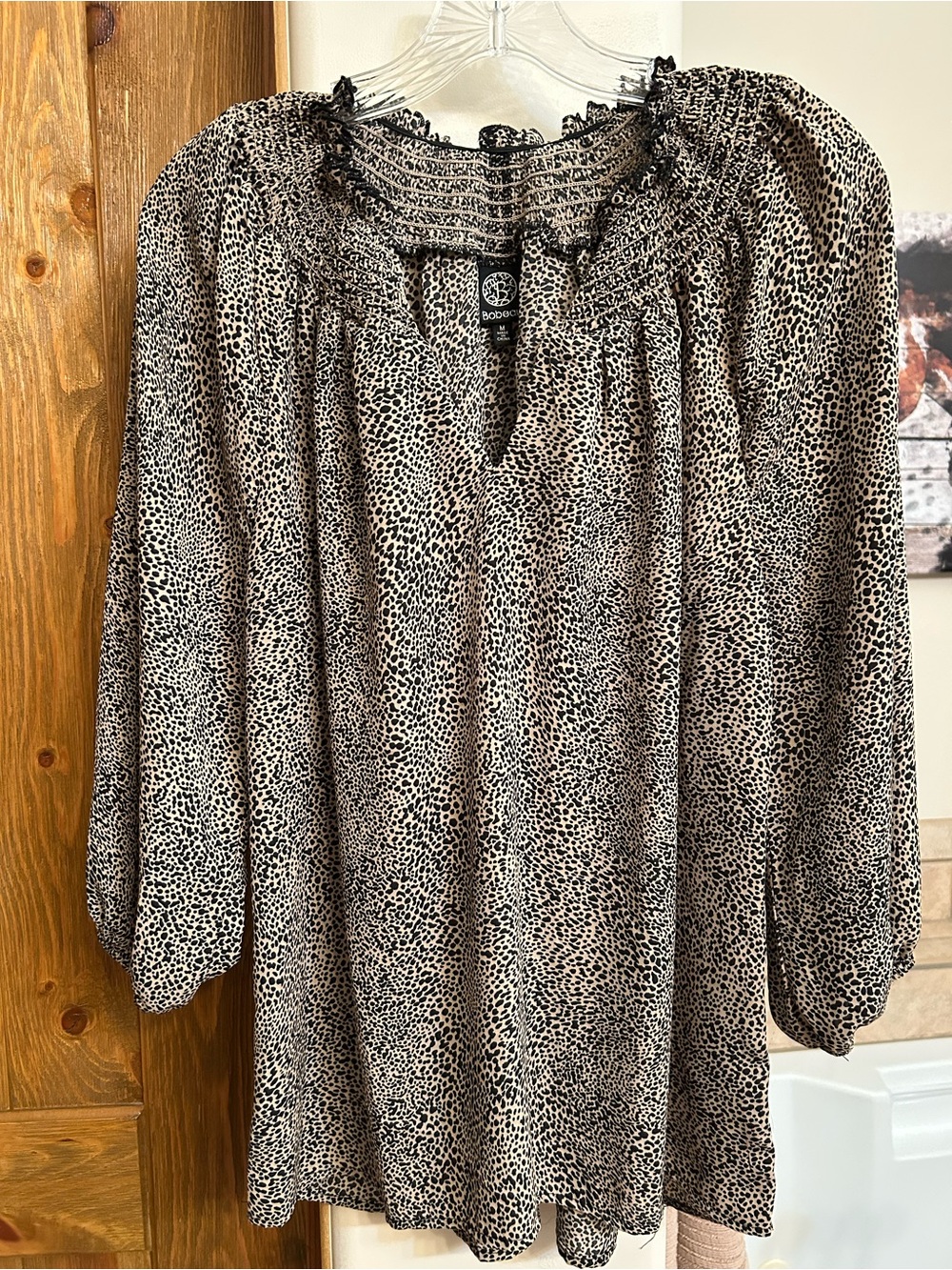 bobeau Beige and Black Dotted Animal Print Smocked Neck Blouse